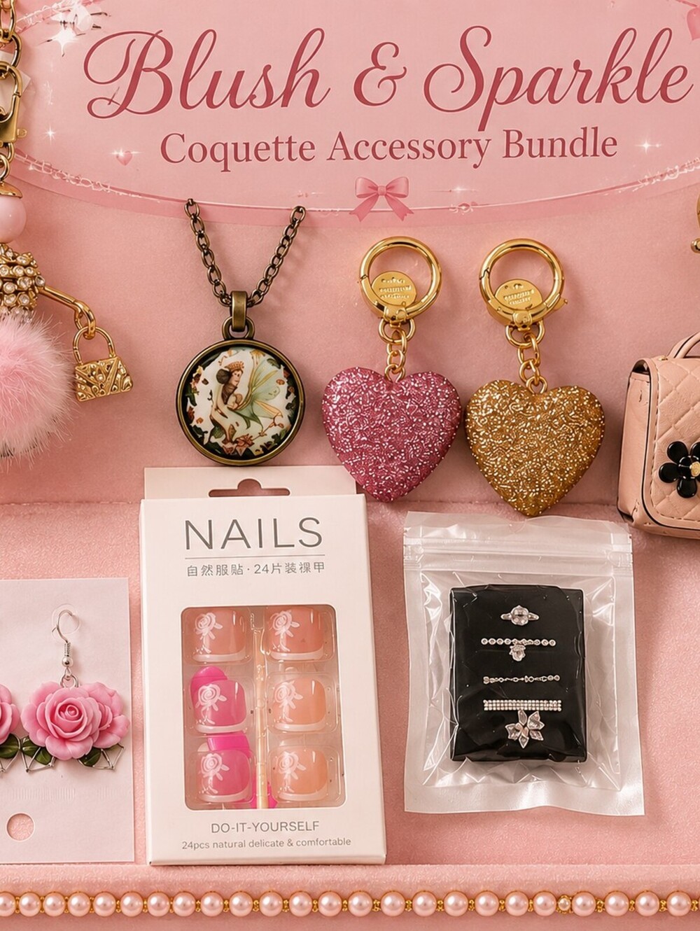 Blush & Sparkle Coquette Accessory Bundle - Pink Fluffy Keychain, Fairy Pendant,